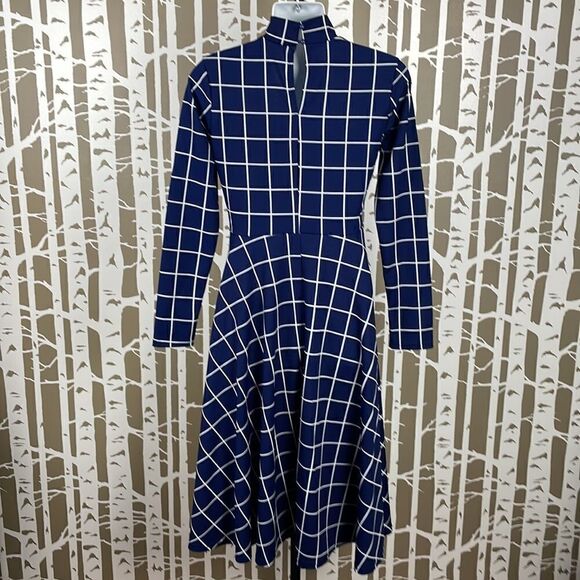 Navy & White Window Pane Plaid Stretch Fit & Flare Mock Neck Dress sz S - Picture 2 of 7